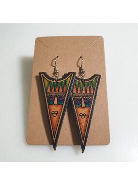 Handcrafted Tribal Face Print Dangle Earrings Lightweight Hook Closure Colorful